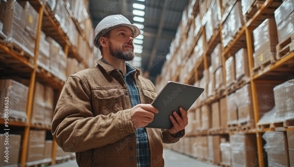 Warehouse manager using tablet and controlling inventory in large warehouse Warehouse manager using tablet and controlling inventory in large warehouse