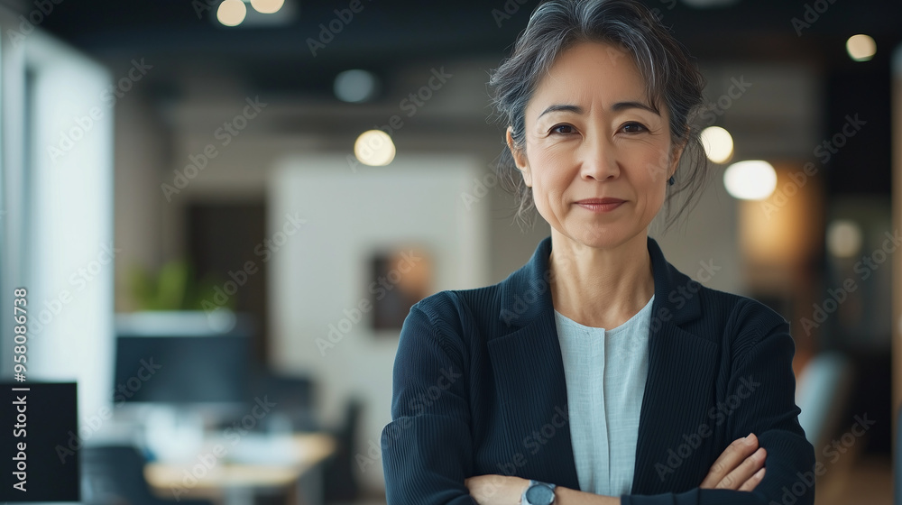 オフィスで腕組みして挑戦的な表情をしている日本人の中年女性、背景おしゃれなオフィスのボケ、日本の企業戦士 50代 60代
