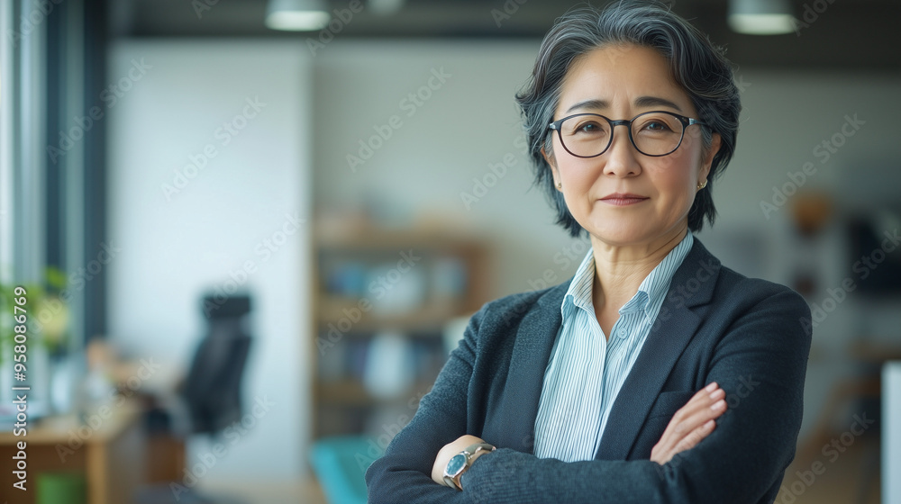 オフィスで腕組みして挑戦的な表情をしている日本人の中年女性、背景おしゃれなオフィスのボケ、日本の企業戦士 50代 60代