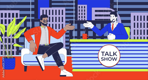 Talk show on TV flat illustration. Personality interview celebrity 2D characters cartoon background. Host guest. Late-night television production. Broadcasting program scene vector storytelling image