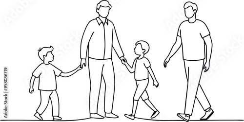 continuous single line drawing of parents with two young boys walking hand in hand, line art vector illustration