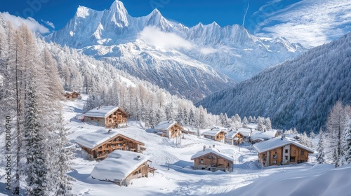 Top view of the snow-covered slopes and chalets of Courmayeur in the Italian Alps, with Mount Blanc in the background