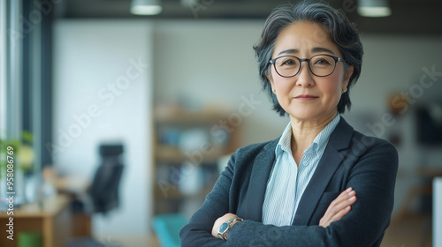 Obraz na płótnie オフィスで腕組みして挑戦的な表情をしている日本人の中年女性、背景おしゃれなオフィスのボケ、日本の企業戦士 50代 60代 w salonie