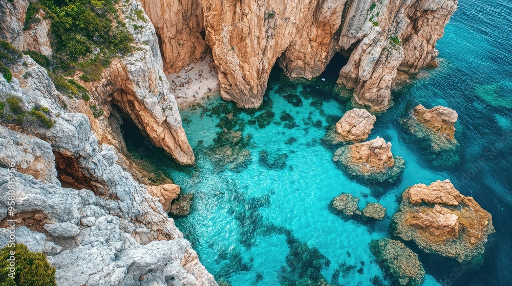 Top view of the stunning cliffs and sea stacks of Sardinia's coastline, with crystal-clear waters below Top view of the stunning cliffs and sea stacks of Sardinia's coastline, with crystal-clear waters below
