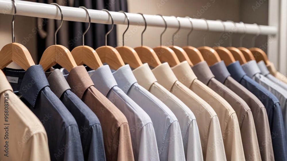Fototapeta premium A row of collared shirts hangs on wooden hangers in a closet.