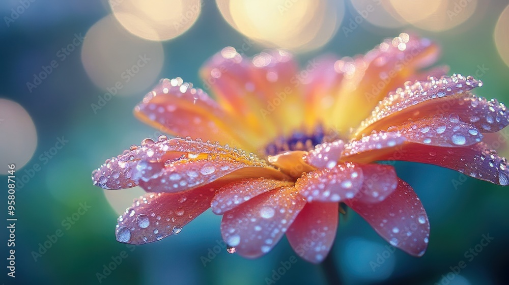 Close-up of a Vibrant Flower with Dew Drops in Soft Focus Background Close-up of a Vibrant Flower with Dew Drops in Soft Focus Background