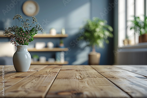 An empty wooden table sits in a living room, its surface ready for product display or montage against blurred background, offering a versatile mock-up opportunity for showcasing items  photo