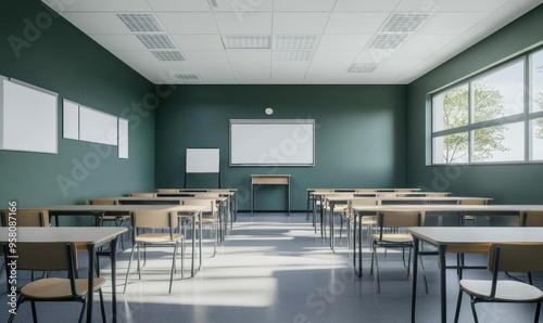 Interior of a modern school classroom. Empty school classroom with wooden chairs, table and white chalkboard