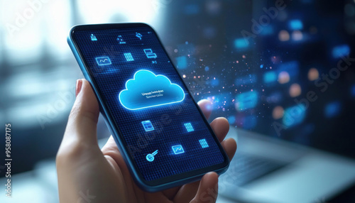 Wallpaper Mural Businesswoman holding smartphone using cloud computing technology Torontodigital.ca