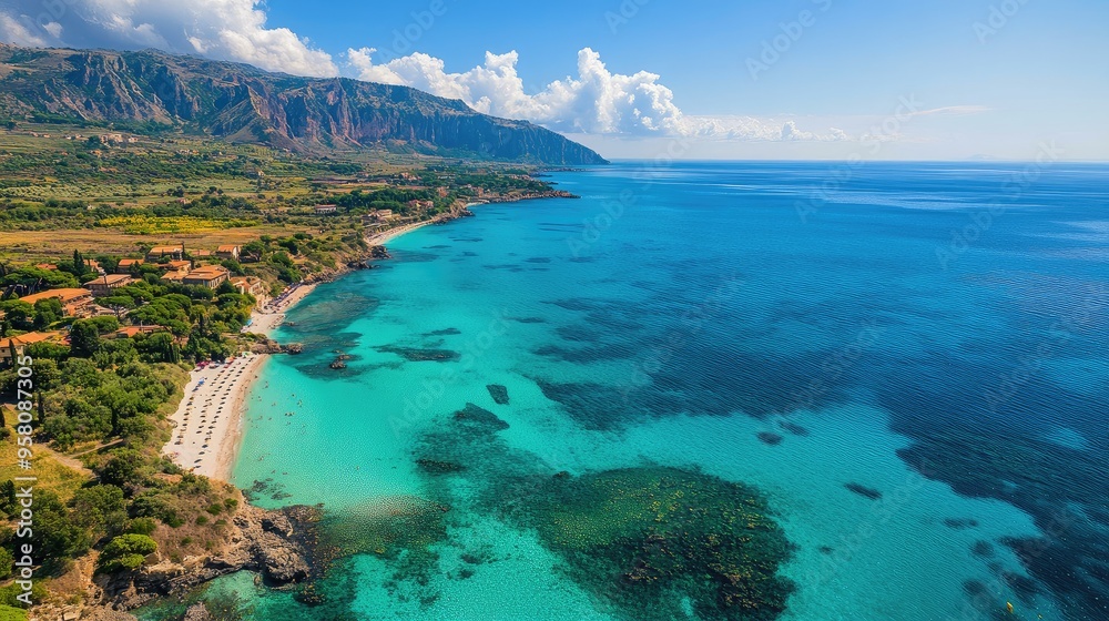 Top view of the turquoise waters and pristine beaches of Sicily's coast, with a dramatic volcanic backdrop Top view of the turquoise waters and pristine beaches of Sicily's coast, with a dramatic volcanic backdrop