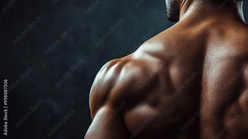 Rear view of a muscular man's upper body, showing off his defined shoulders and back muscles against a dark, textured background. Rear view of a muscular man's upper body, showing off his defined shoulders and back muscles against a dark, textured background.