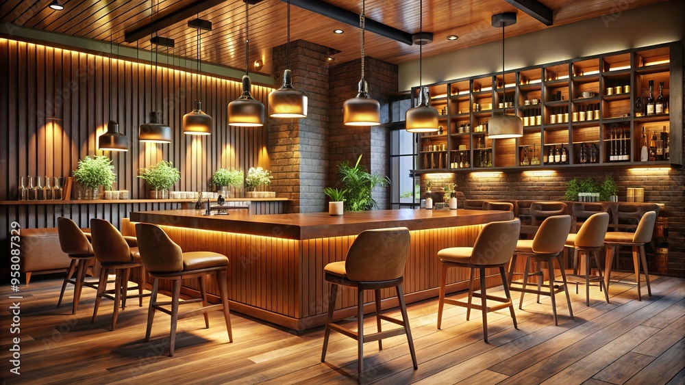 Warm and inviting, the modern bar features wooden accents, supple leather chairs, and soft lighting, creating a cozy Warm and inviting, the modern bar features wooden accents, supple leather chairs, and soft lighting, creating a cozy