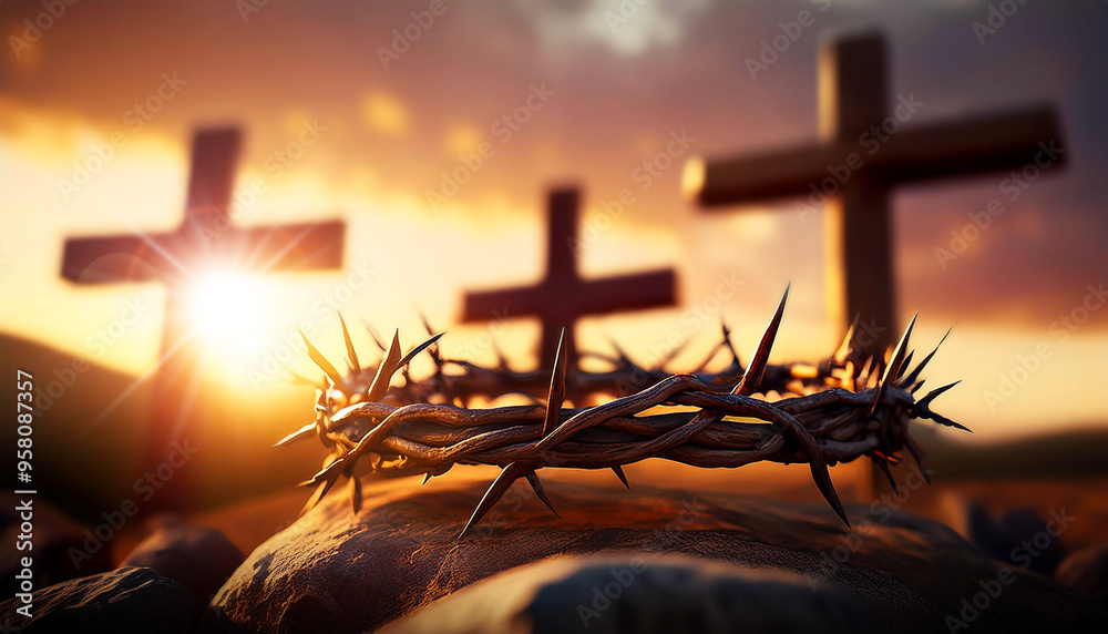 Close-up of a crown of thorns on rock and three wooden religious crosses above the hill against a dramatic sky and sunbeams at sunset. Religious symbol of good Friday, passion of Jesus. Generative Ai Close-up of a crown of thorns on rock and three wooden religious crosses above the hill against a dramatic sky and sunbeams at sunset. Religious symbol of good Friday, passion of Jesus. Generative Ai