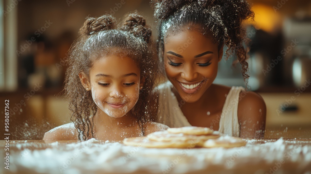 African American mother and daughter enjoying a moment of fun while decorating pancakes with fruit and whipped cream African American mother and daughter enjoying a moment of fun while decorating pancakes with fruit and whipped cream