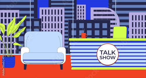 Talk show studio flat illustration. Entertainment talkshow room with desk and armchair for guest. Television program 2D interior cartoon background. Channel TV production scene vector image