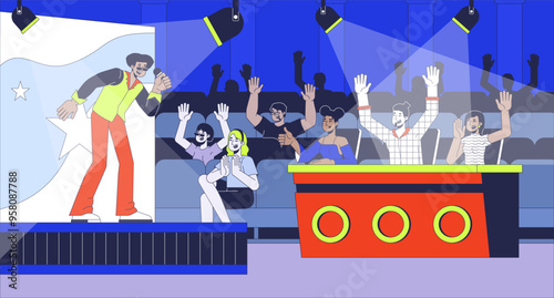 TV talent show flat illustration. Latino participant singing on spotlights stage for judges 2D characters cartoon background. Singer audition on television broadcasting scene vector storytelling image