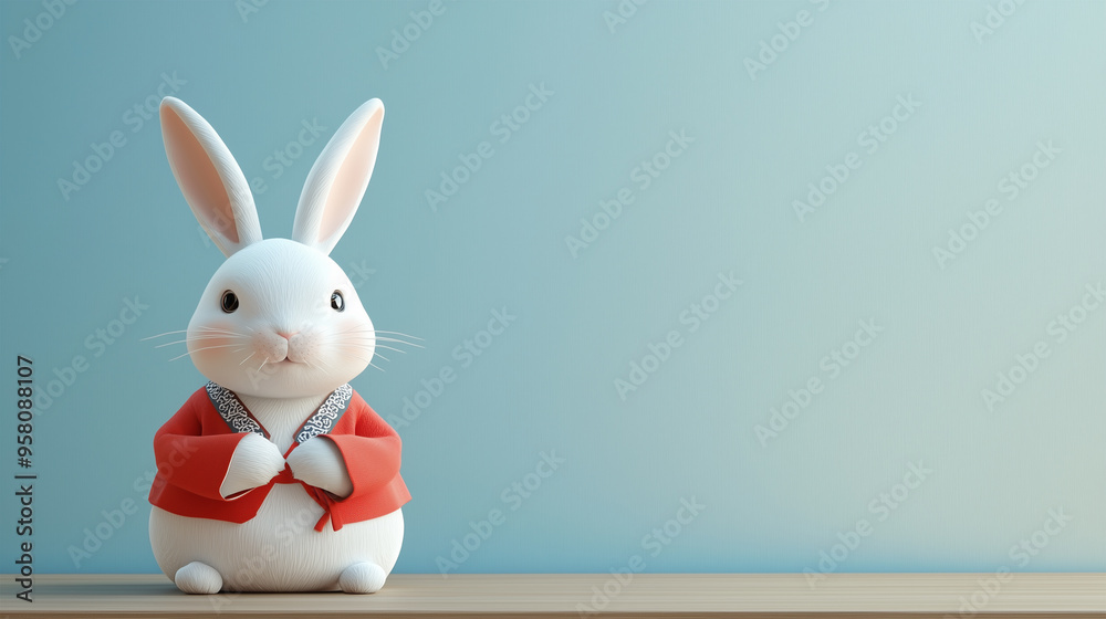Obraz premium Rabbit in Asian clothes sitting in front of isolated blue background - ai generative
