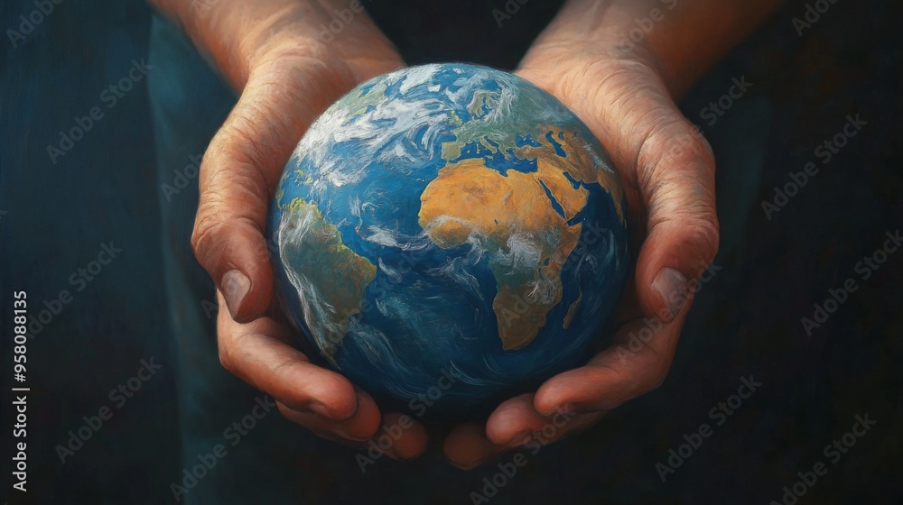 Two hands cupping a globe of the Earth, a symbol of care and protection for the planet.
