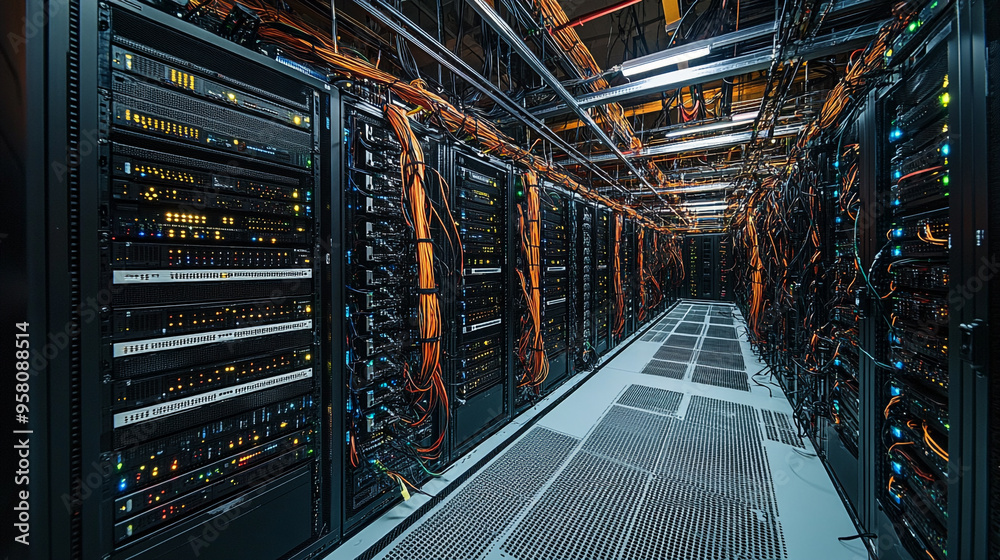 A network server room filled with racks of equipment displaying blinking lights at an industrial facility during the evening