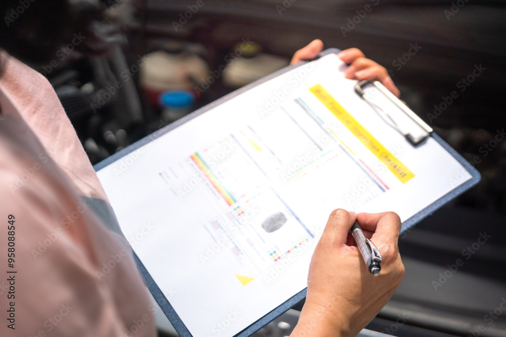 Close-up at a mechanic foreman's hand is checking on multi-point car service guideline checklist form, to verify the car service quality. Expertise working action scene, selective focus. Close-up at a mechanic foreman's hand is checking on multi-point car service guideline checklist form, to verify the car service quality. Expertise working action scene, selective focus.