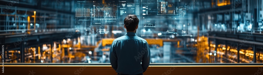 Man Observing Futuristic Digital Interface in Modern Industrial Factory Setting Man Observing Futuristic Digital Interface in Modern Industrial Factory Setting