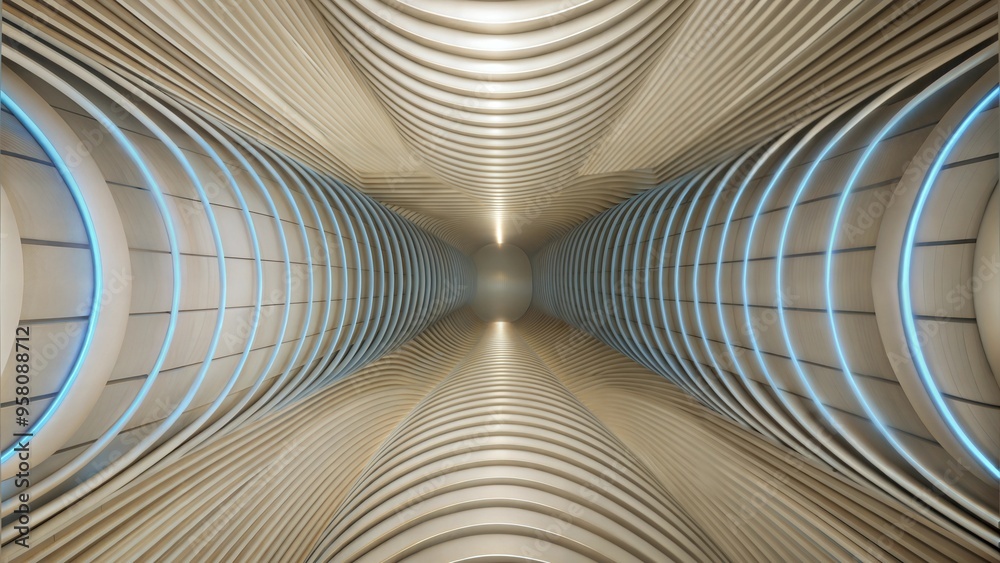 Fototapeta premium Futuristic Symmetrical Architecture with Curved Lines and Blue Accents Interior Design