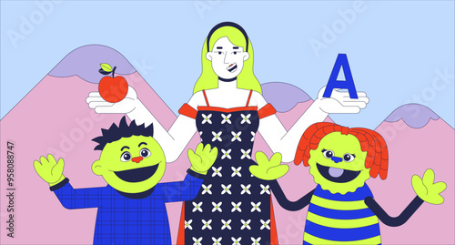 Kids show on TV flat illustration. Human woman and puppets children 2D character cartoon background. Puppetry entertainment on television. Funny educational program scene vector storytelling image