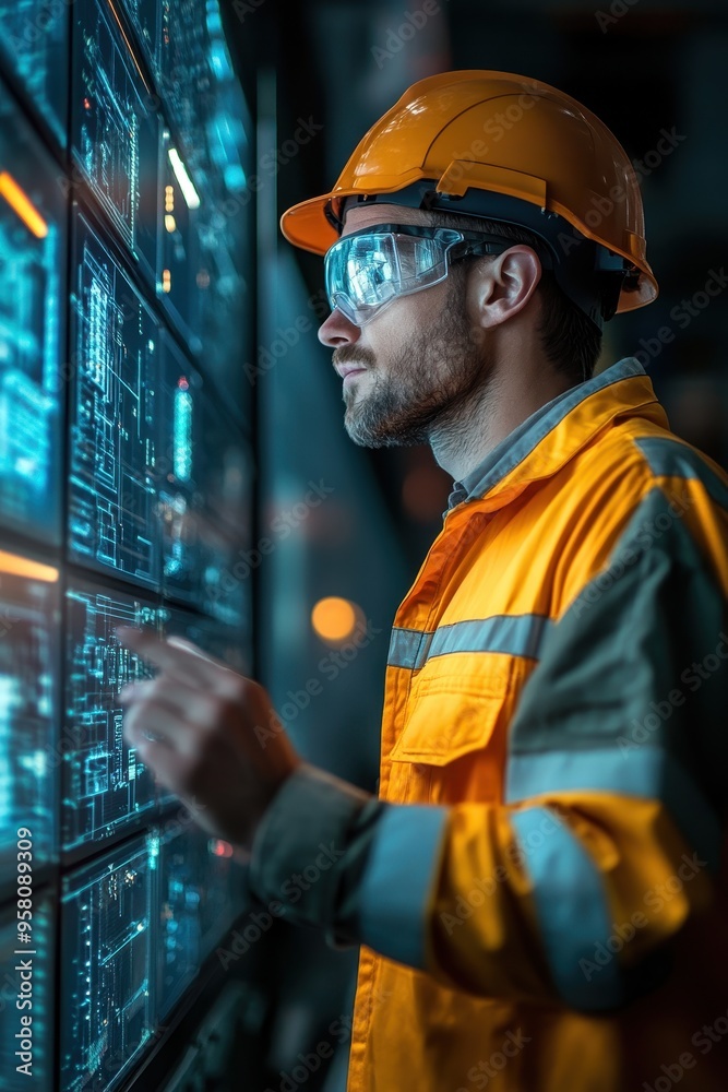 Engineer in Safety Gear Interacting with High-Tech Digital Interface in Industrial Setting Engineer in Safety Gear Interacting with High-Tech Digital Interface in Industrial Setting