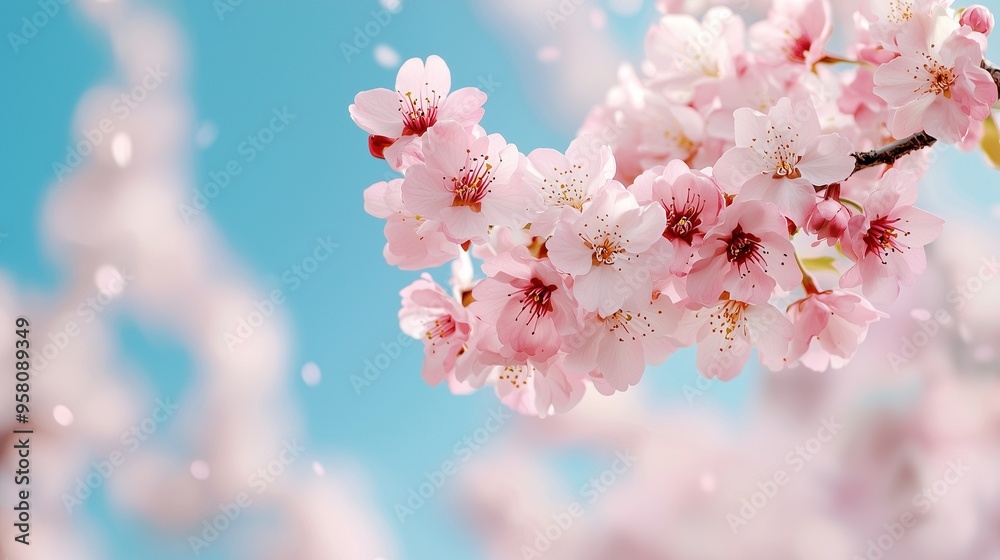Obraz premium A beautiful cherry blossom branch against a clear blue sky, creating a serene and picturesque spring atmosphere.