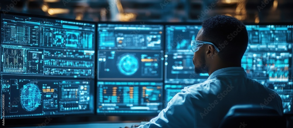 Cybersecurity Expert Monitoring Multiple Screens with Data and Analytics in High-Tech Control Room Cybersecurity Expert Monitoring Multiple Screens with Data and Analytics in High-Tech Control Room