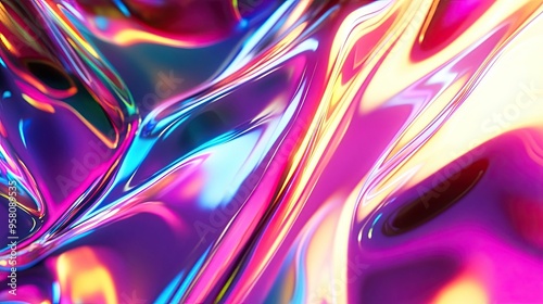 Abstract light emitter glass with iridescent holographic neon gradient wave texture in a 3D render, ideal for banners, backgrounds, and posters. photo