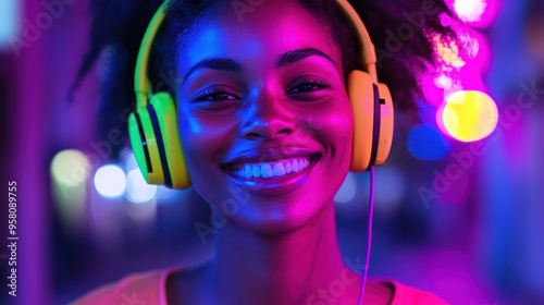 Wallpaper Mural smiling young girl with Headphones in a colorful and energetic atmosphere. Torontodigital.ca
