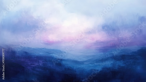 Soft abstract patterns in muted purples and blues, capturing the calmness of a twilight sky over a serene landscape