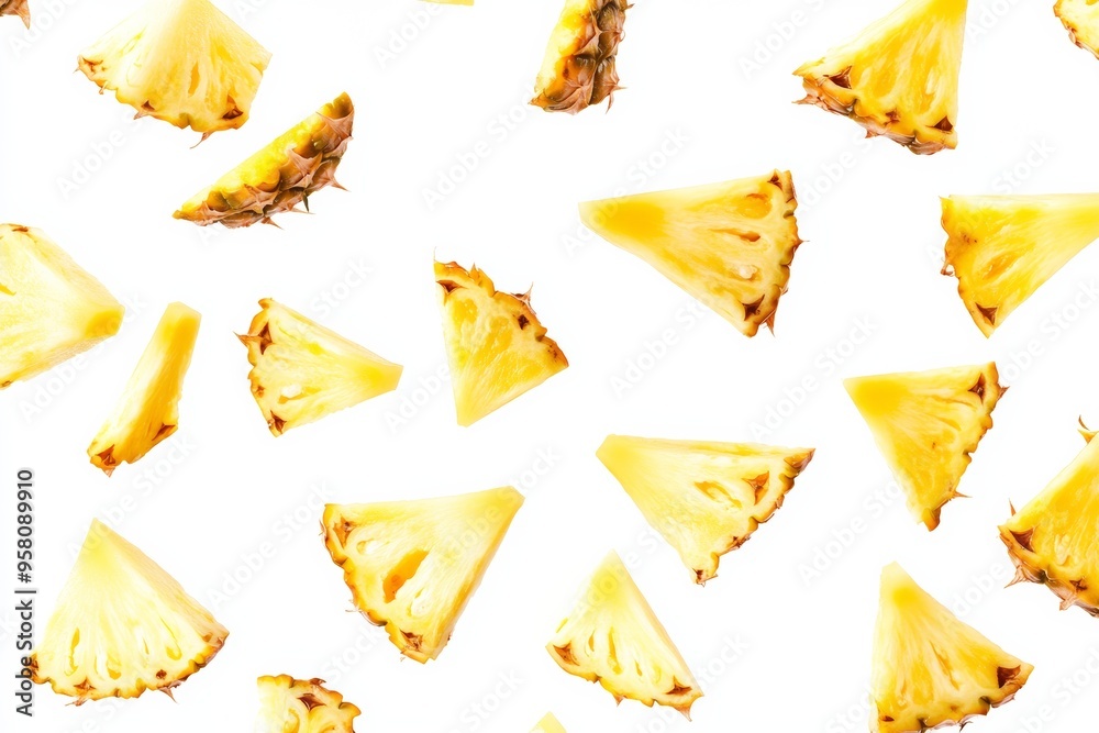 Naklejka premium Falling pineapple slices isolated on a white background