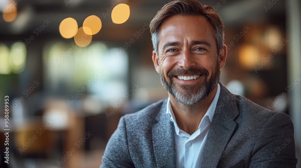 Business leader smiling warmly during a team meeting in a modern conference room Business leader smiling warmly during a team meeting in a modern conference room