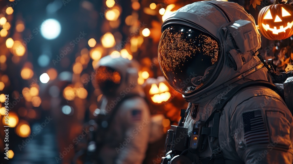 Astronauts in Space Suits Amidst Halloween Jack-O'-Lantern Decorations at Night Astronauts in Space Suits Amidst Halloween Jack-O'-Lantern Decorations at Night