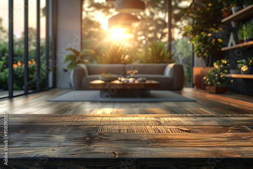 A perfectly arranged table is set against a blurred, contemporary living room backdrop, creating an ideal setting for showcasing products  photo