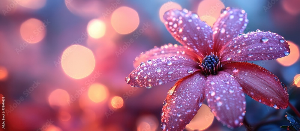 Close-Up of a Dew-Covered Pink Flower with Bokeh Background in Soft Evening Light Close-Up of a Dew-Covered Pink Flower with Bokeh Background in Soft Evening Light