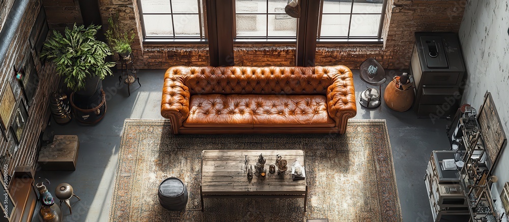 Cozy Industrial Loft Living Room with Leather Sofa and Large Windows Cozy Industrial Loft Living Room with Leather Sofa and Large Windows