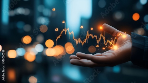 Wallpaper Mural Captivating Visualization of Financial Growth: A Dynamic Hand Holding Graphical Data Amidst Urban Ambiance and Vibrant Bokeh Effects for Economic Insight and Innovation. Torontodigital.ca