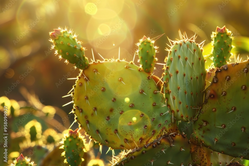 Close up of a prickly pear cactus growing under the warm summer sun Close up of a prickly pear cactus growing under the warm summer sun