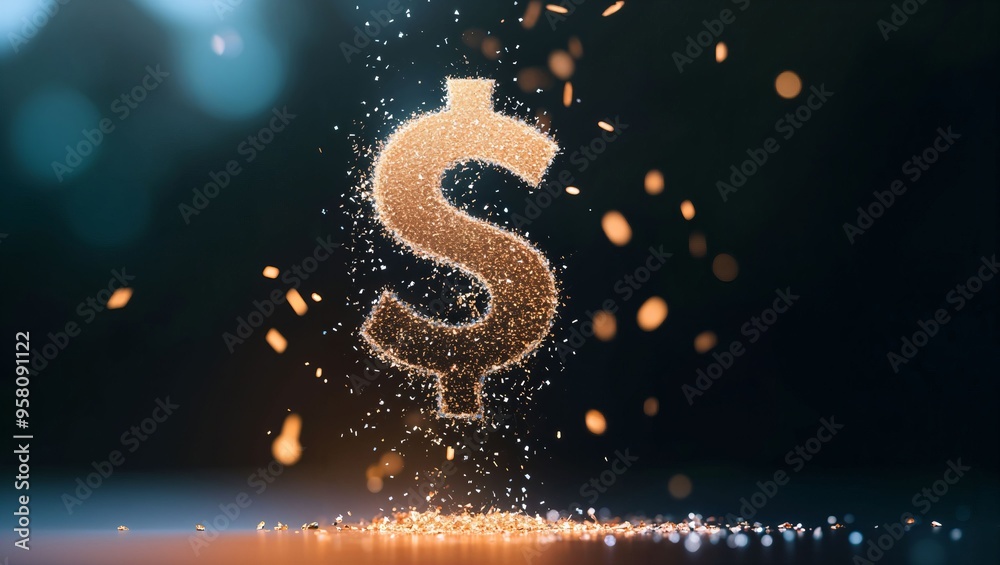 A mesmerizing dollar sign emerges from a cloud of shimmering particles, illuminating the surrounding darkness with its golden aura, symbolizing prosperity and wealth.