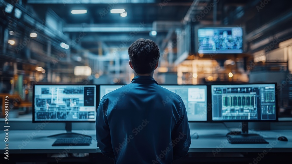 Engineer Monitoring Industrial Systems on Multiple Computer Screens in a Modern Factory Control Room