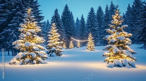 Snowy pine trees stand tall against a crisp winter sky, their branches laden with fluffy snow in a serene forest landscape