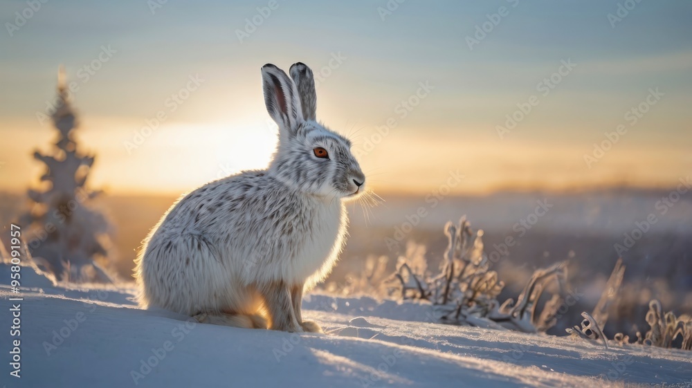 Sunlit snowy scene with sitting arctic hare Sunlit snowy scene with sitting arctic hare
