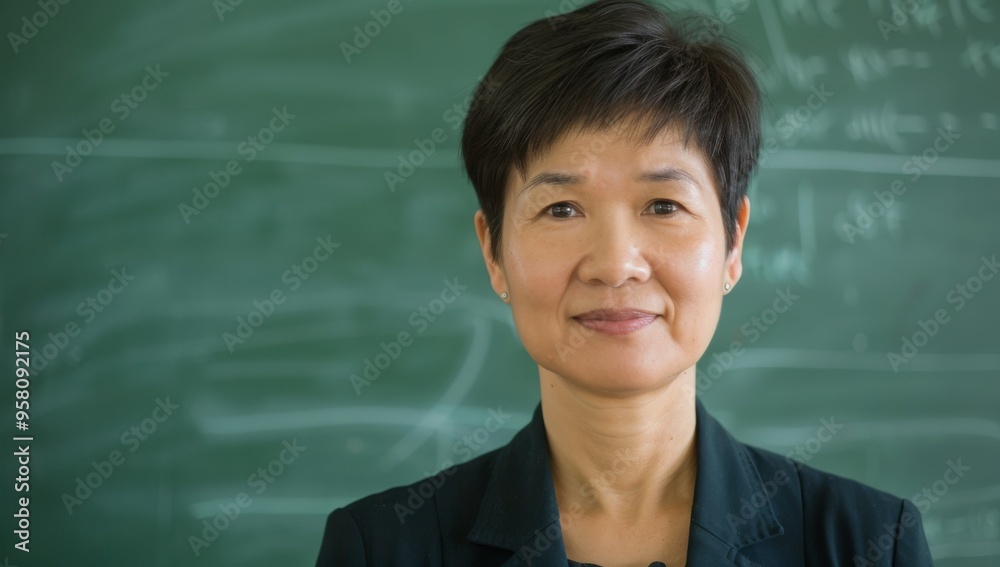 Asian woman teacher in front of a green chalkboard, with short hair, smiling and looking at the camera, Confidence Korean woman in a green blazer exudes quiet confidence against a vibrant backdrop Asian woman teacher in front of a green chalkboard, with short hair, smiling and looking at the camera, Confidence Korean woman in a green blazer exudes quiet confidence against a vibrant backdrop