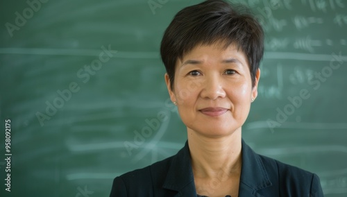 Asian woman teacher in front of a green chalkboard, with short hair, smiling and looking at the camera, Confidence Korean woman in a green blazer exudes quiet confidence against a vibrant backdrop