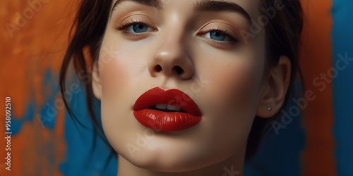 Close-up of woman's face with red lips against a backdrop of blue and orange wall