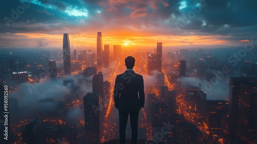 Businessman looking out over a city from a high-rise window, with the skyline merging into his figure, representing vision and urban strategy