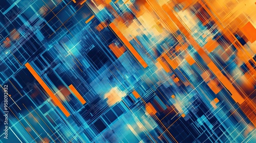 Abstract Technology Background with Orange and Blue Colors: Digital Geometric Pattern Featuring Tech Elements in Vibrant Orange and Blue. photo